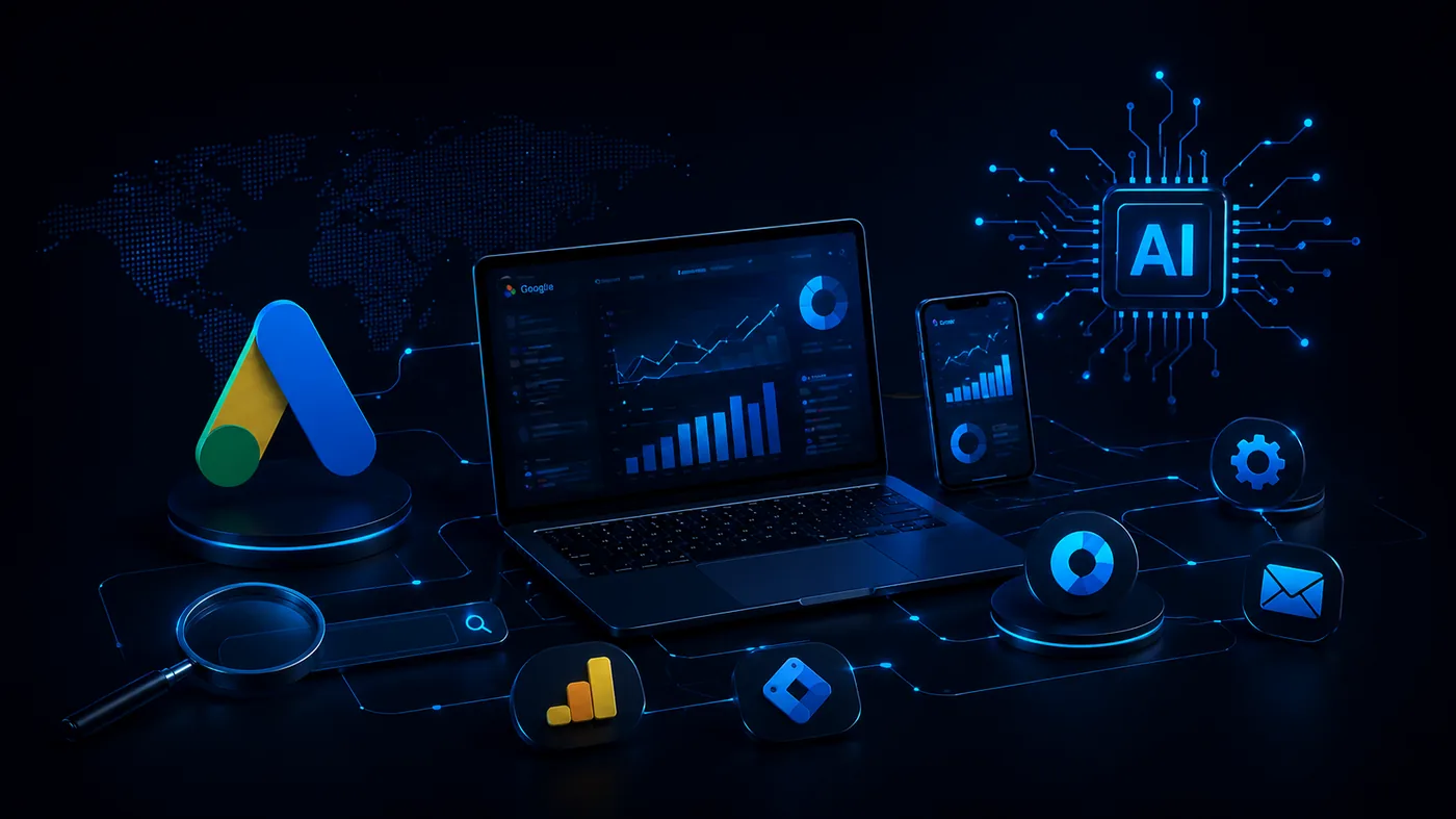 Google Ads i AI alati za digitalni marketing prikazani na laptopu i mobitelu