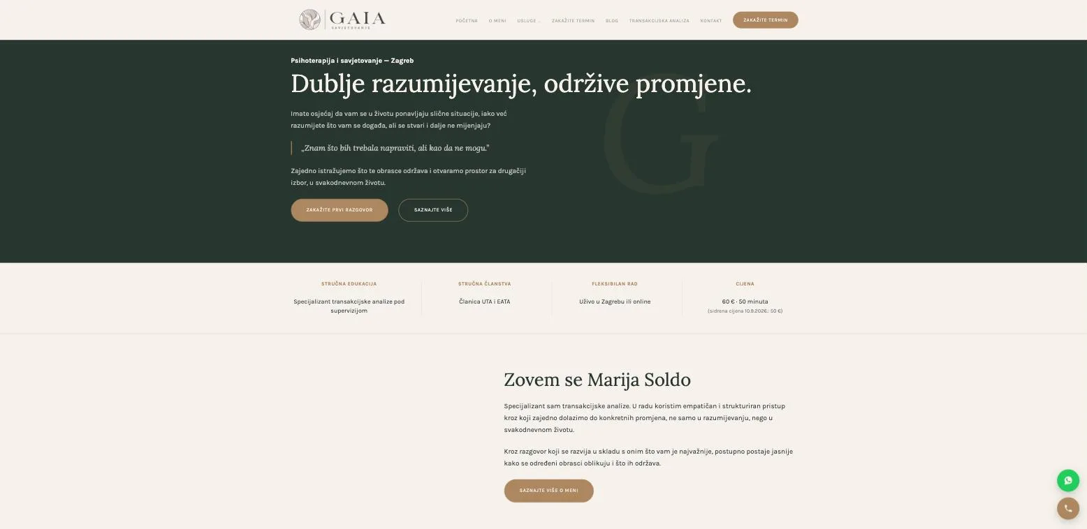 Naslovnica web stranice Gaia savjetovanje (gaiasavjetovanje.hr), izrada DigiAdria