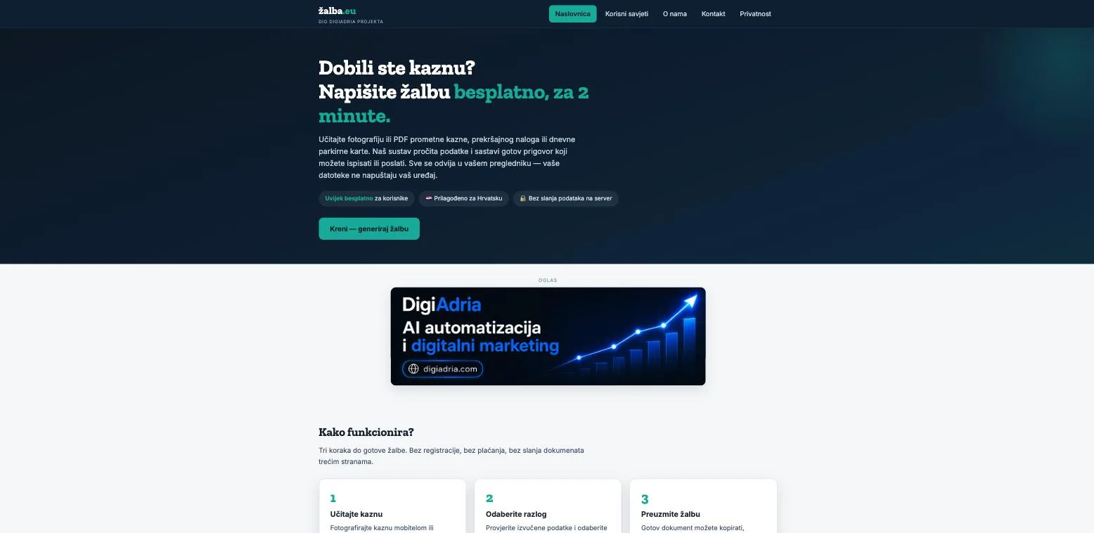 Naslovnica web stranice Žalba.eu (zalba.eu), izrada DigiAdria
